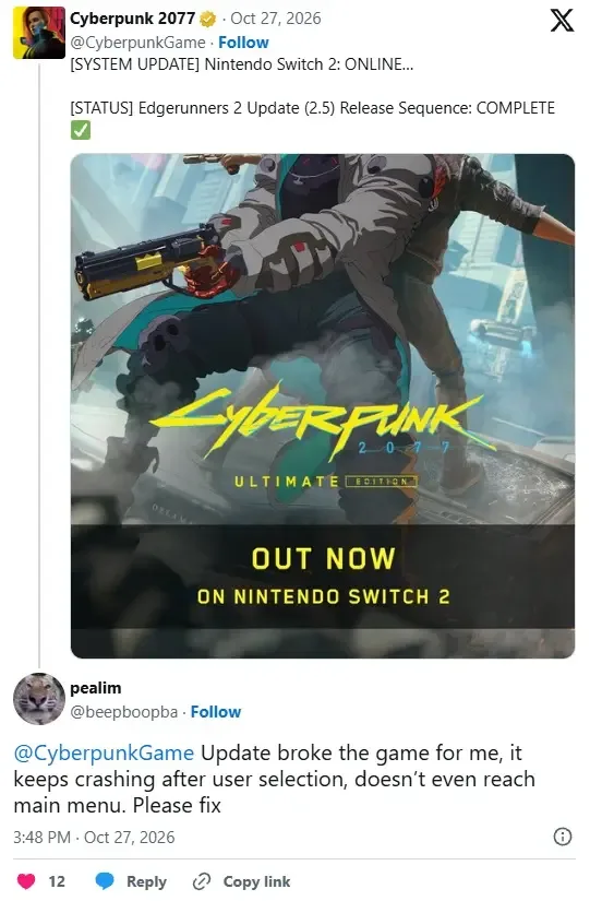 Nintendo Switch 2'da Cyberpunk 2077 yangilanishi buzildi — 2-rasm