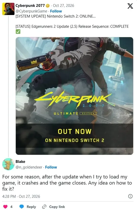 Nintendo Switch 2'da Cyberpunk 2077 yangilanishi buzildi — 4-rasm