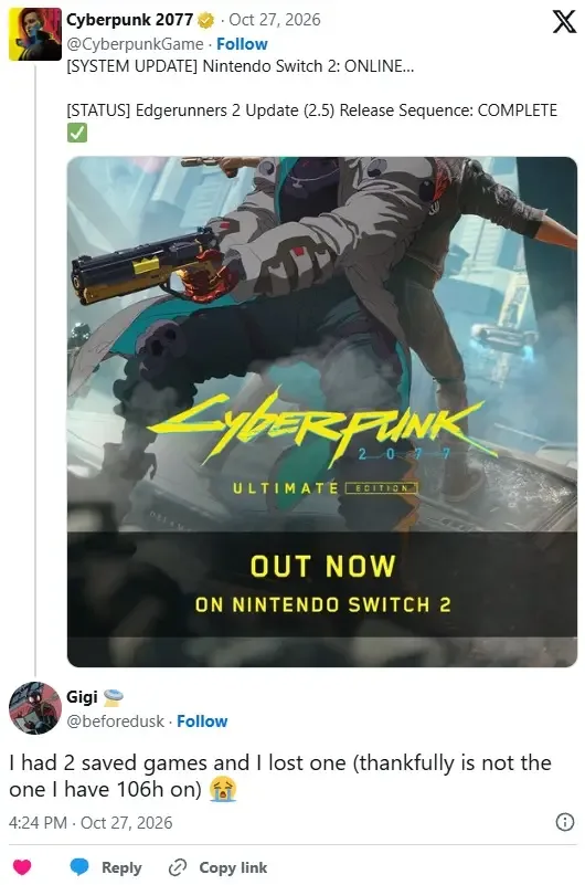 Nintendo Switch 2'da Cyberpunk 2077 yangilanishi buzildi — 5-rasm